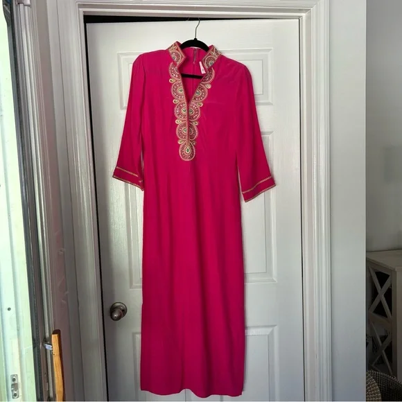 NWOT NICOBLU NOOR LONG FUCHSIA TUNIC DRESS WITH GOLD EMBELLISHMENT SIZE 4 - Picture 5 of 8